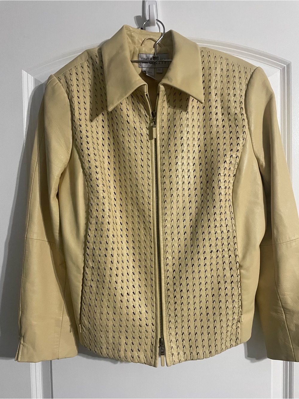 Vintage Worth Perforated Pale Yellow Leather Zip Jacket